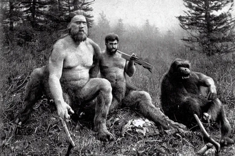 Prompt: a big game hunter posting with a bigfoot he killed, 1898, photograph, realistic