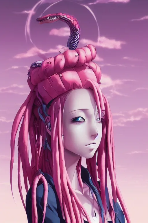 Image similar to portrait of an anime manga girl with pink snake dreads, straight on portrait, by artgerm, james jean, tom bagshaw, gerald brom, vaporwave colors, lofi colors, vaporwave, lofi, goth vibe, 4 k, smooth, hd, substance designer render, full body character concept art, symmetrical,