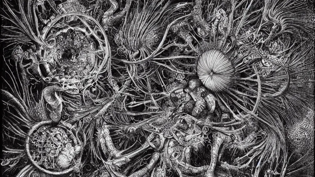 Prompt: beautiful macro photography of a coronavirus inside a television screen, dark, sinister, detailed, high contrast, art by Ernst Haeckel and Greg Rutkowski