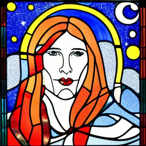 Prompt: A beautiful computer art of a woman with long flowing hair, wild animals, and a dark, starry night sky. marimekko, stained glass by Albrecht Anker, by Bill Viola intuitive