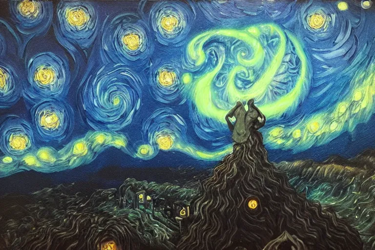 Image similar to man is seeing old god cthulhu terrifying the night sky of a city, epic scene oil painting hyper - detailed realistic dark van gogh style