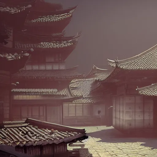 Image similar to old asian village, early sunlight, contrast shadows, mist, fog, water ripples, detailed, photorealistic, artstation, atmospheric, ambient