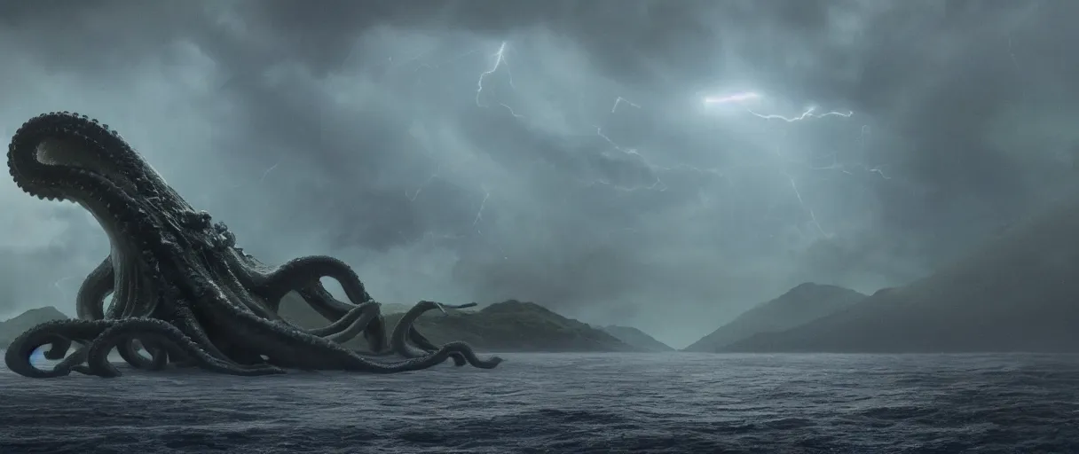 Image similar to a giant octopus god emerging over a rain forest, lightning, ambient sun, a volcano erupts, still from the movie the arrival, 8k