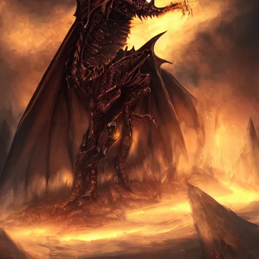 Image similar to dark fantasy concept of a vampire dragon god, with dark matter and molten armor on a mountain, cinematic, dynamic lighting, photorealistic, ultra detailed, trending on art station, stunning visuals, creative, hyper detailed