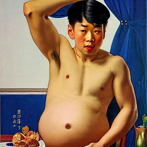 Image similar to Beautiful painting of a masculine young Asian male, pregnancy, round belly, pinup poster by J.C Leyendecker and Norman Rockwell