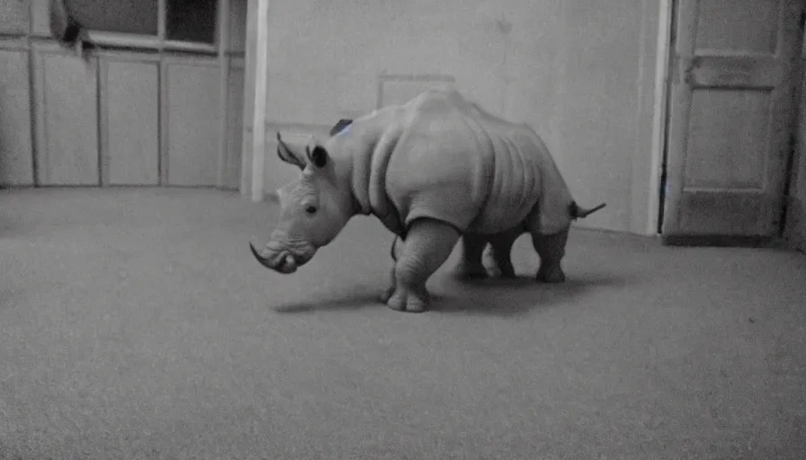 Image similar to a rhinoceros in a stalinist style room, by mini dv camera, very very low quality, heavy grain, very blurry, caught on trail cam
