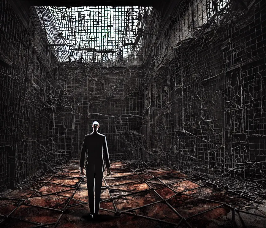 Image similar to creepy tall man with very long limbs sits on the floor. An underground very dark gloomy multi-layered structure of rusty thick iron grates, dense chain-link fencing and peeling walls. Inside view, collapsed floors, bent rusted iron, masterpiece, black background, corners, cinematic, hyperdetailed, photorealistic, hyperrealism, octane render, 8k, depth of field, bokeh, architecture, shadows, art by Zdzisław Beksiński, Arthur Rackham, Dariusz Zawadzki