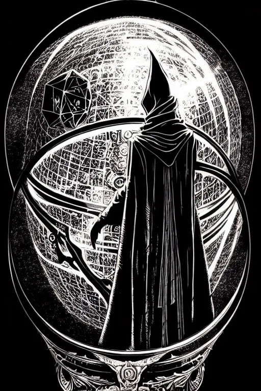Image similar to cloaked steampunk wizard gazing into a crystal ball, high details, intricately detailed, by vincent di fate, inking, 3 color screen print, masterpiece, trending on artstation,, sharp, details, hyper - detailed, hd, 4 k, 8 k