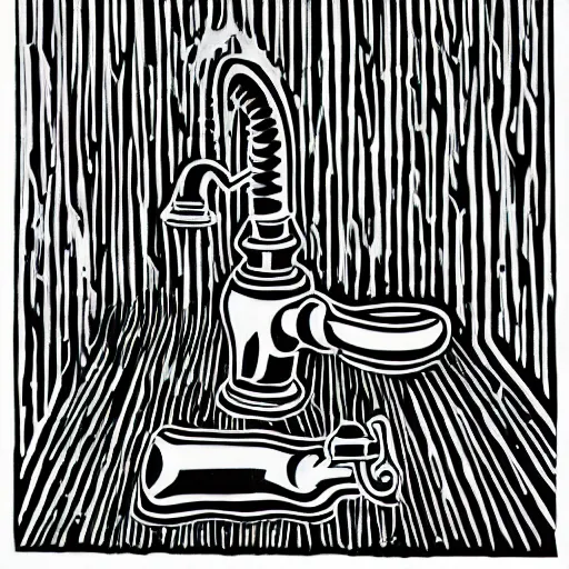 Image similar to black and white linocut of a leaky bathroom faucet dripping water