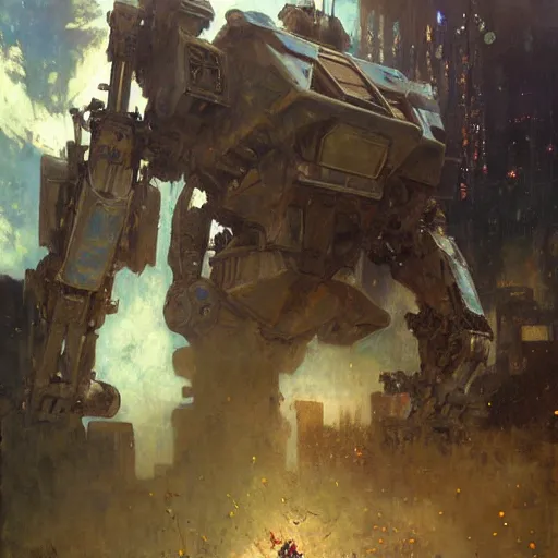 Image similar to six meters tall mech fighting in an urban environment, epic action scene, by gaston bussiere craig mullins jc leyendecker gustav klimt artgerm greg rutkowski john berkey, bergey, craig mullins, ruan jia, raymond swanland, jeremy mann, tom lovell, alex malveda, ray casting, hdr