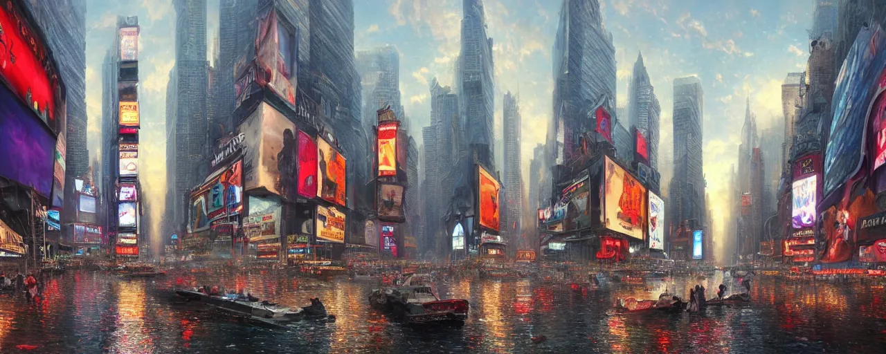 Prompt: A beautiful highly detailed epic painting of Times Square, sunk to the bottom of the ocean like atlantis, townscape, cool saturatured colors, by greg rutkowski and thomas kinkade, panorama, Trending on artstation HD.