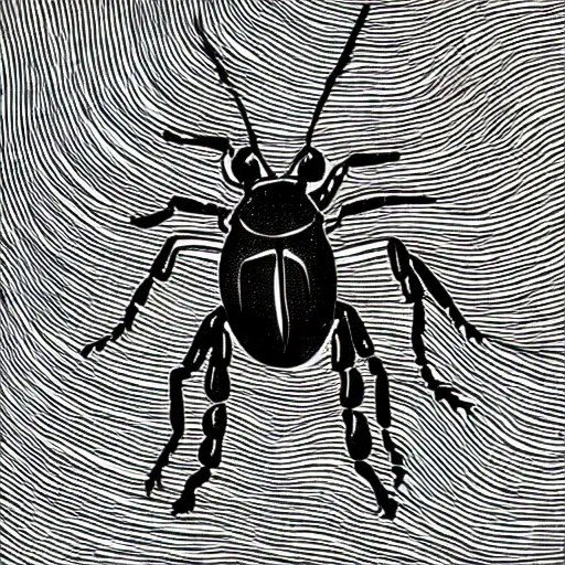 Image similar to monochromatic illustration of a beetle, one line, line drawing, unbroken, minimalist, white background, black and white