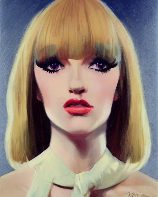 Prompt: portrait 1 9 6 0 s elegant blonde beautiful mod girl, long straight 6 0 s hair with bangs, in a miniskirt, glam, groovy, by brom, tom bagshaw, sargent