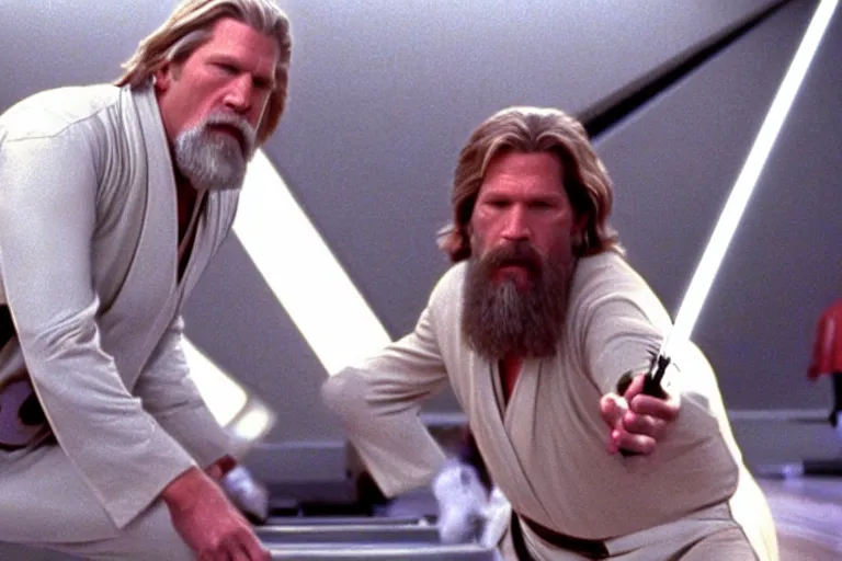 Prompt: a shot looking down a bowling lane of Jeff Bridges The Big Lebowski as a Jedi Bowling in Star Wars