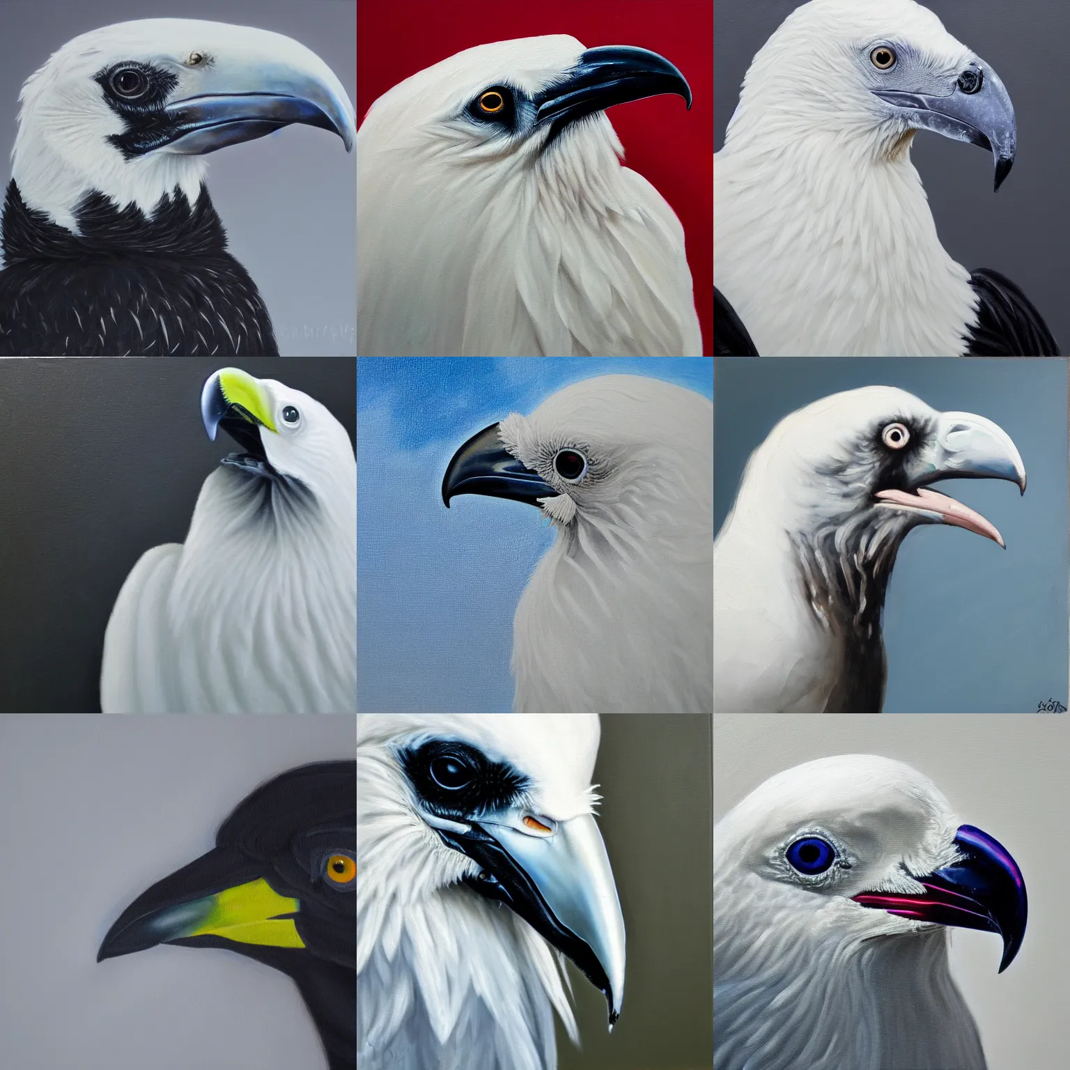 Image similar to closeup of an albino raven, high contrast, oil paint, extremely detailed