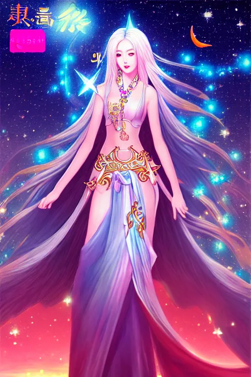 Prompt: huang posung charming and miracle female luxury aasimar in the starry sky boho channel accessories star sparkles sharp focus d d epic retrowave art