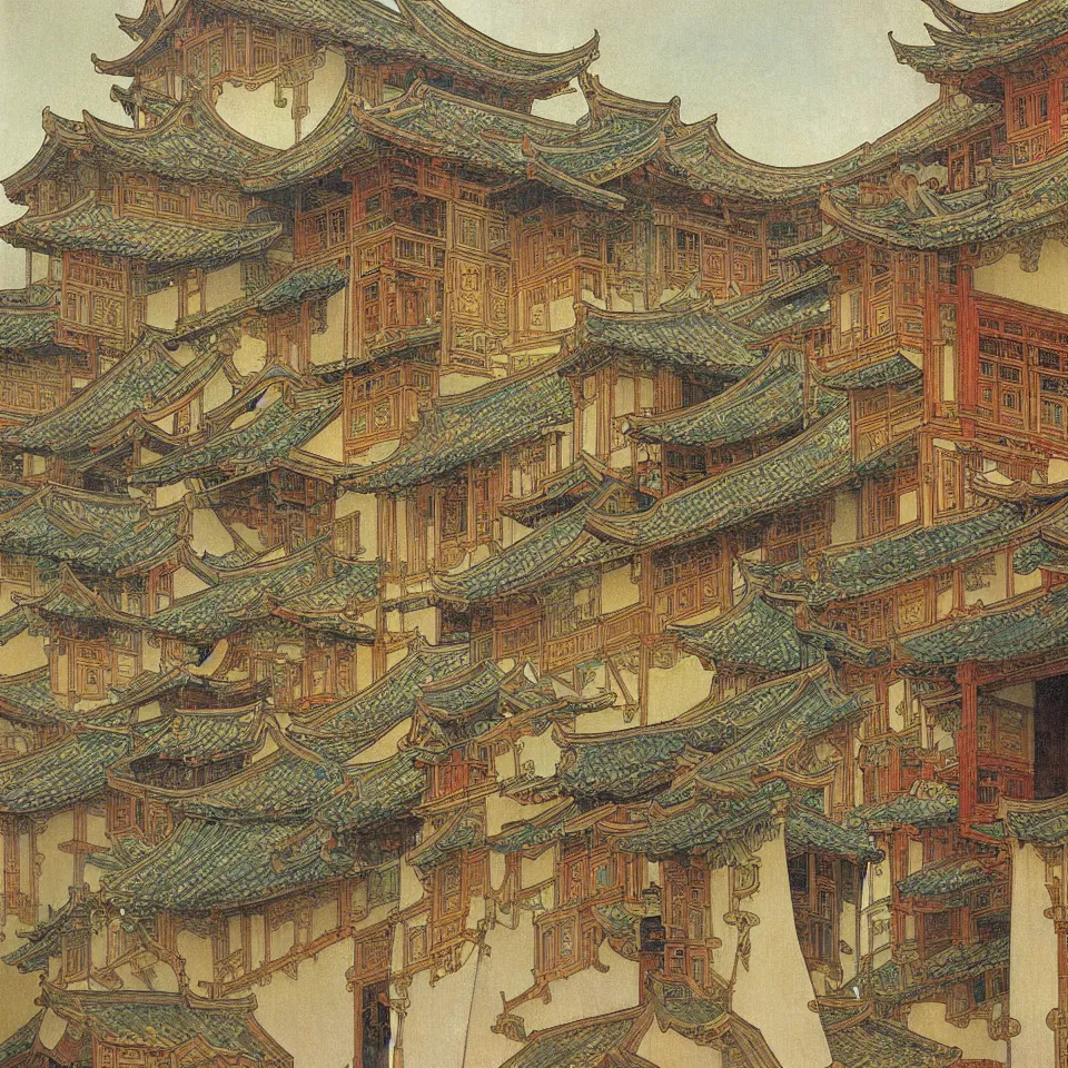 Image similar to a painting of abstract buildings like hongcun ancient village houses by alphonse mucha