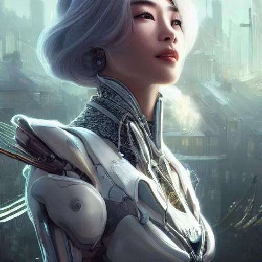 Image similar to ultra realistic illustration of cyborg song hye - kyo, warframe, intricate, utopian city, white hair, elegant, highly detailed, digital painting, artstation, concept art, smooth, sharp focus, illustration, art by artgerm and greg rutkowski and alphonse mucha