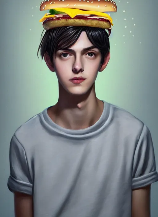 Image similar to portrait of teenage jughead jones wearing a light grey crown, crown, eating hamburger, eyes closed, crown, black hair, intricate, elegant, glowing lights, warm lighting, highly detailed, digital painting, artstation, concept art, smooth, sharp focus, illustration, art by wlop, mars ravelo and greg rutkowski