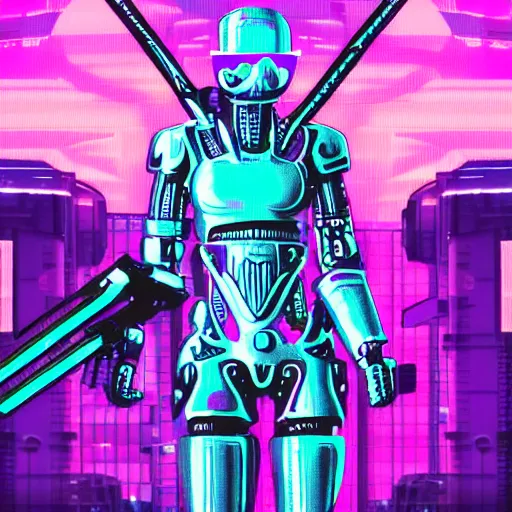 Prompt: a cybernetic warrior, cyberpunk, vapor wave