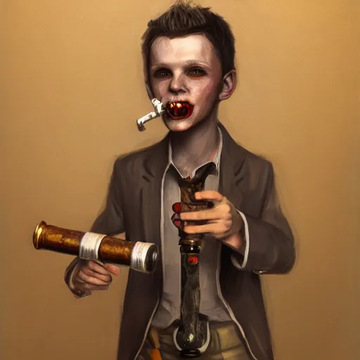 Image similar to an oil drawing of a young vampire with a pipe in his hand, a character portrait by muggur, disco elysium character, featured on deviantart, fantasy art, concept art, official art, hd mod