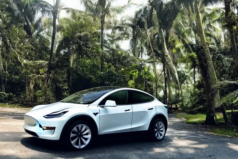 Prompt: Tesla model y on the road in a beautiful lush tropical city