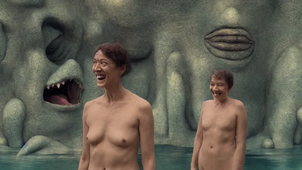 Image similar to the strange creature at the temple that liked my smile, made of water, film still from the movie directed by Denis Villeneuve with art direction by Salvador Dalí, wide lens