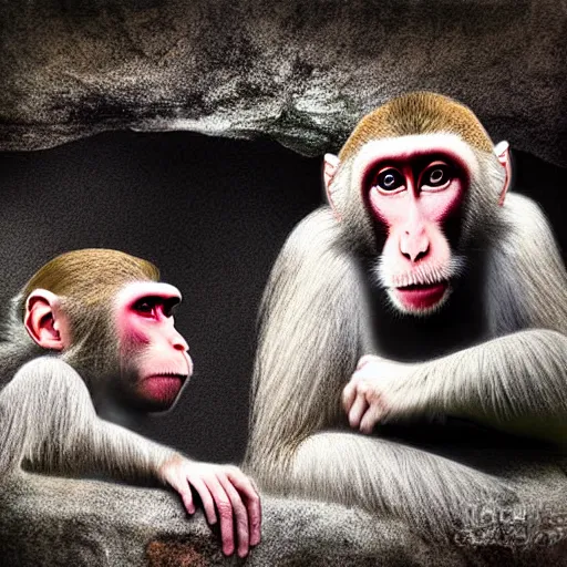 Image similar to two macaques looking at each other inside ancient cave, digital art, soft shadows, creepy art, drawn by shadman