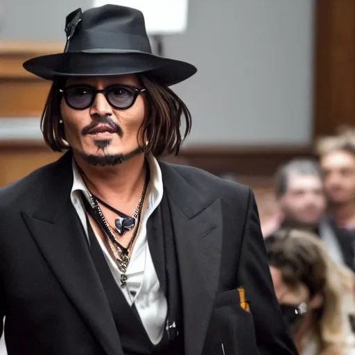 Prompt: johnny depp screaming cheerfully in court as he wins defamation case, 4 k, photorealistic photography