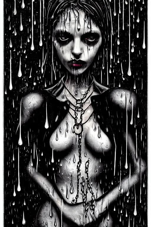 Image similar to crying gothic girl with smoky eyes, black leather slim dress, chains, strong rain night, beautiful body, detailed acrylic, grunge, intricate complexity, by dan mumford and by alberto giacometti, peter lindbergh