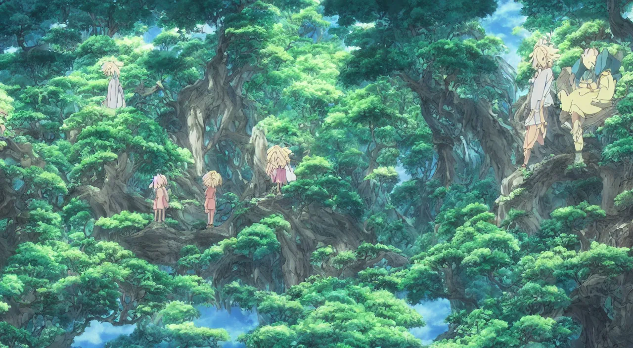 Image similar to studio ghibli anime still of a fantasy forest, magical creatures, mythical, key anime visuals