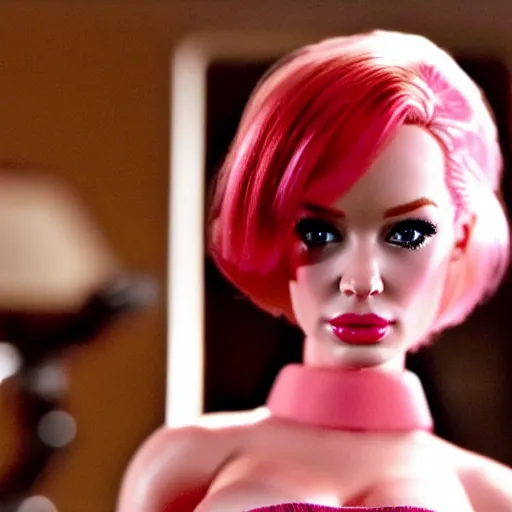 Image similar to amazing beautiful Christina Hendricks barbie doll wearing leather in the living room, film still from the movie directed by Denis Villeneuve , wide lens