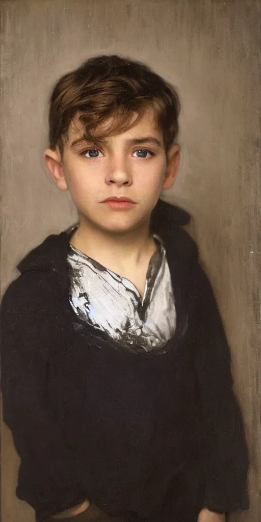 Prompt: Close-up portrait of a young boy looking at the camera, The boy has brown and curled hair, his eyes are just two black dots. The boy is wearing a white pajamas with long sleeves. Dark bright effect. The background is dark and a beam of light illuminates the boy. By John Singer Sargent, Albert Bierstadt, Ernst Haeckel, James Jean. Emotional, cinematic atmospheric, moody atmosphere, oil on canvas, artstation