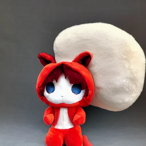 Prompt: cute fumo plush of a girl who lives at the top of a huge fiery volcano