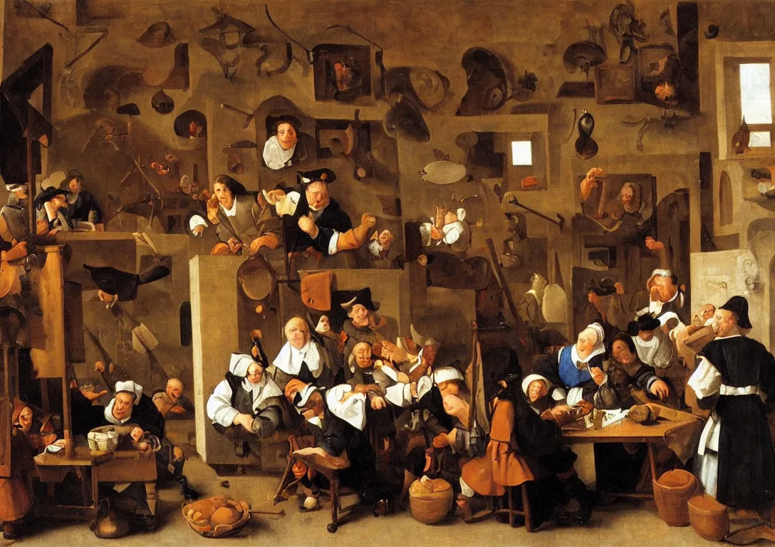 Prompt: Jan Steen arranges various actors in a small room with a window and low ceiling.