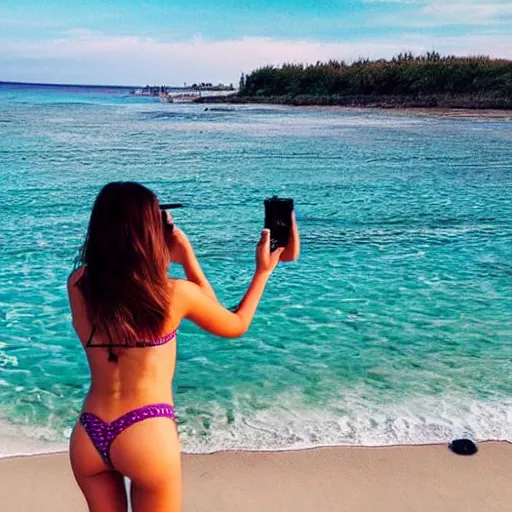Image similar to girl taking pictures for her instagram on the beach, wearing a bikini
