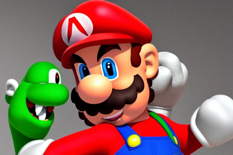 Image similar to a photo of mario punching yoshi in the face, photorealistic, 8 k