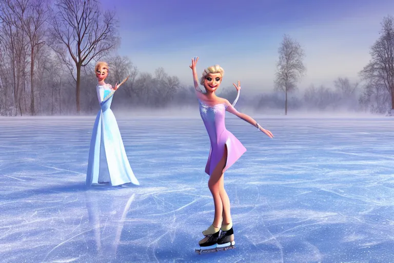 Prompt: elsa ice skating on a frozen lake, ultra detailed, photorealistic