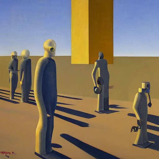 Image similar to robot bishop guards, human prisoners, brutalist prison ship, end times, grant wood, pj crook, edward hopper, oil on canvas