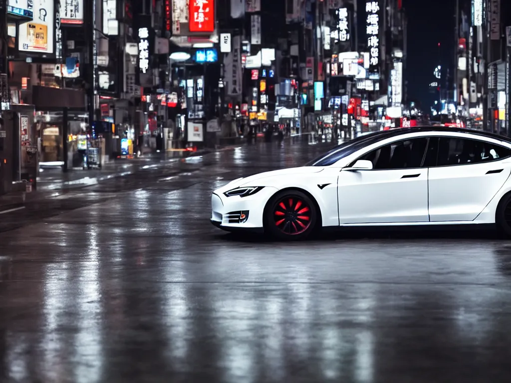 Image similar to A modified Tesla model S drifting on rainy Tokyo streets, night Time, 4k, 8k, cinematic shot