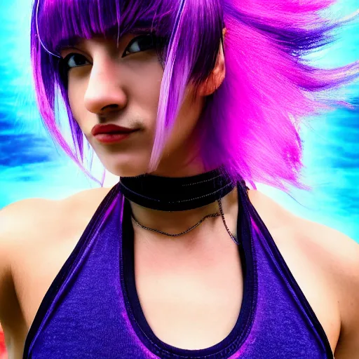 Image similar to a award winning action upper body portrait of a beautiful woman with a ombre purple pink hairstyle with head in motion and hair flying, choker, outrun, vaporware, vivid colors, highly detailed, fine detail, intricate