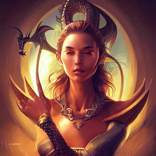 Image similar to photo of a beautiful female dragon, anthropomorphic, sharp focus, illustration, ultra real, masterpiece, glowing holy aura by magali villeneuve and stanley artgerm lau, wlop,