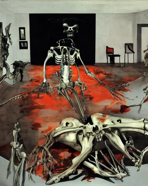 Prompt: lots of power and a big aquarium, attack on titan by francis bacon, living room with a black doorway and a cow skeleton by francisco goya and francis bacon, vibrant red background, mythological painting, oil painting, triadic color scheme, very coherent, figure seated on a throne of marble, whale skeleton inside interior room with black doorway, beksinski painting
