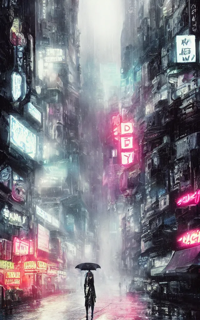 Prompt: girl wearing white dress holding umbrella in a busy market in a futuristic new york city, ghostpunk, neon advertisements, blade runner, fog, steam rising from street, futuristic car with bright neon lights, rain falling, highly detailed, smooth painting, muted colors, asymmetrical composition, directed by andrei tarkovsky, by tsutomu nihei, by greg rutkowski