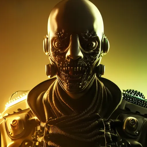 Image similar to evil cyberpunk dark lord, highly detailed, photorealistic portrait, bright studio setting, studio lighting, crisp quality and light reflections, unreal engine 5 quality render