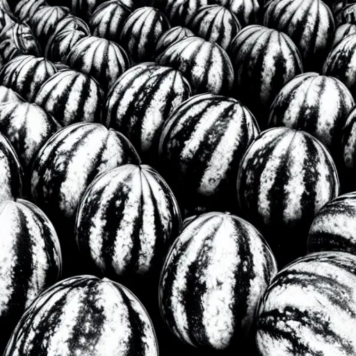 Image similar to the future is nothing like the past, just more watermelons, watermelons, watermelons, recursive, in the style of grand chamaco and stanley kubrick, inspired by james brown, photorealistic, epic, super technical, black and white, cinematic still