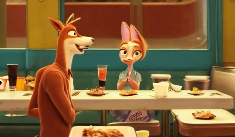 Prompt: Nick is eating dinner in tears in a desolate diner. The diner is dimly lit and very dirty. The food is poor due to the recession. Zootopia, Pixar Digital Movies