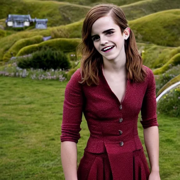 Image similar to Joyful!!! smiling Emma Watson wearing cyborg prosthetic in the style of Her (2013). Clear Hands. Clear body. Clear Clothes. Hobbiton as Background. Cinematic. Professional Photo. UHD. 8k. Clear Face.