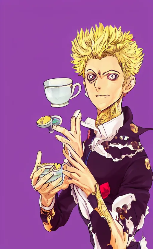 Image similar to giorno giovanna drinking tea, jojo's bizarre adventure, official art, concept art, digital paintting, artstation, 4 k