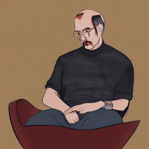 Image similar to a man who looks similar to steve jobs smoking tea leaves in a brown mahogany wood pipe, sitting in a rocking chair, legs crossed, looking directly at the viewer, art by rupi kaur